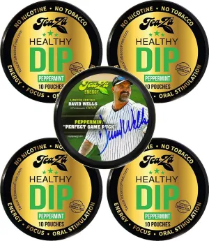 TeaZa Herbal Energy Pouch 4 Peppermint Pucks and Bonus Authentically Signed David Wells Limited Edition Peppermint Puck - Nicotine and Caffeine Free Energy Boost Dip Pouches