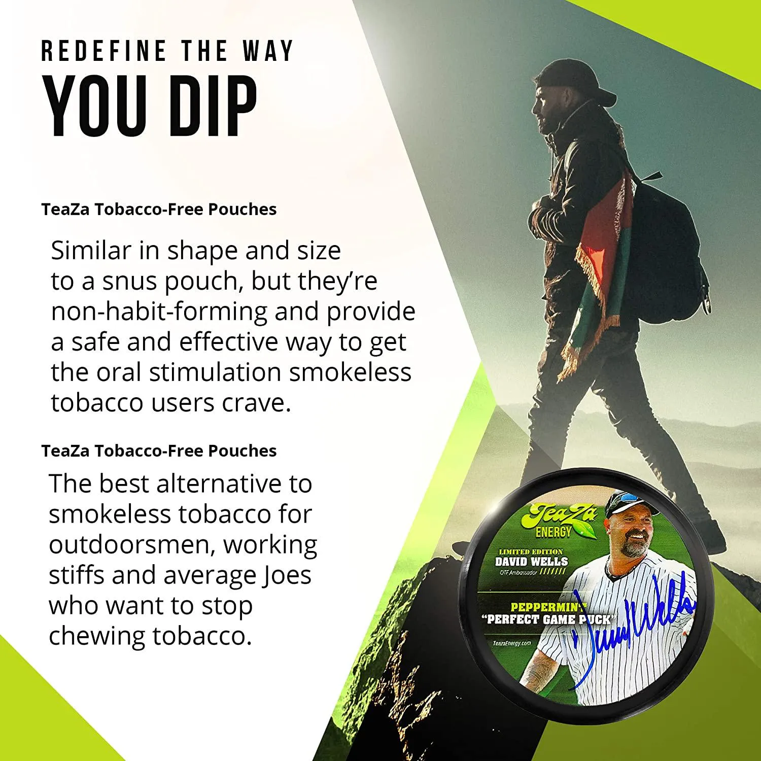 TeaZa Herbal Energy Pouch 4 Peppermint Pucks and Bonus Authentically Signed David Wells Limited Edition Peppermint Puck - Nicotine and Caffeine Free Energy Boost Dip Pouches