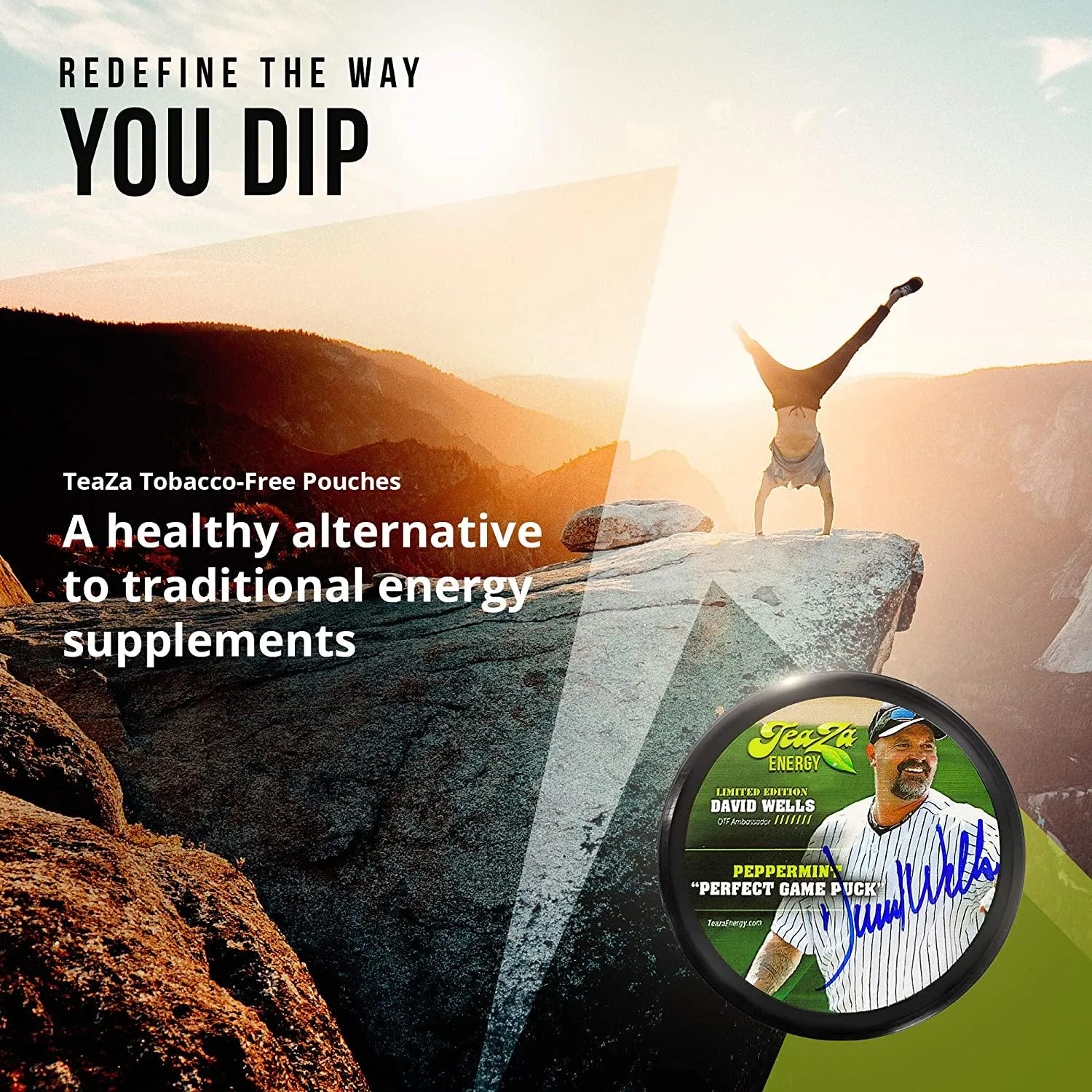 TeaZa Herbal Energy Pouch 4 Peppermint Pucks and Bonus Authentically Signed David Wells Limited Edition Peppermint Puck - Nicotine and Caffeine Free Energy Boost Dip Pouches