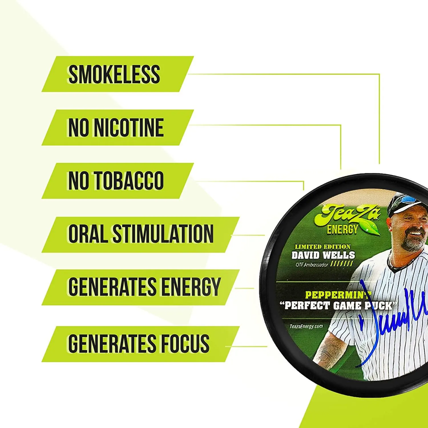 TeaZa Herbal Energy Pouch 4 Peppermint Pucks and Bonus Authentically Signed David Wells Limited Edition Peppermint Puck - Nicotine and Caffeine Free Energy Boost Dip Pouches