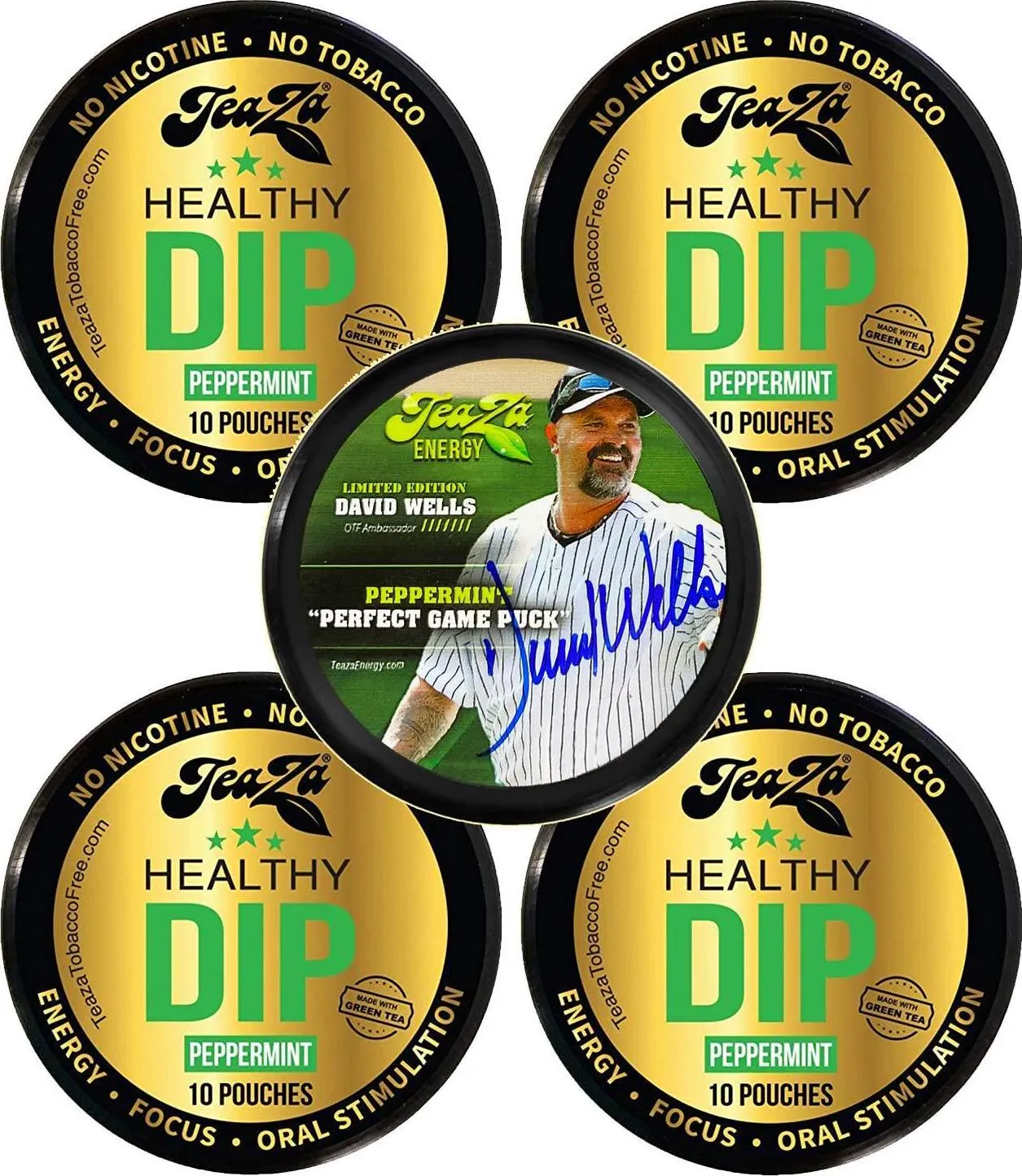 TeaZa Herbal Energy Pouch 4 Peppermint Pucks and Bonus Authentically Signed David Wells Limited Edition Peppermint Puck - Nicotine and Caffeine Free Energy Boost Dip Pouches